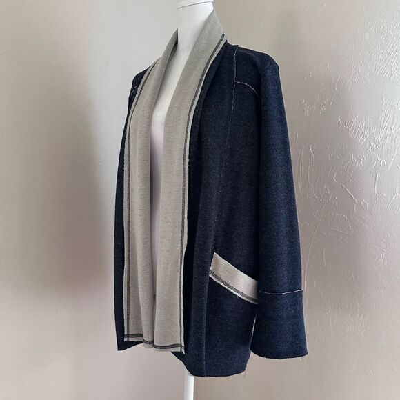 Supply & Demand Open Cardigan Sweatshirt Heathered Navy & Oatmeal Size L - Picture 3 of 9